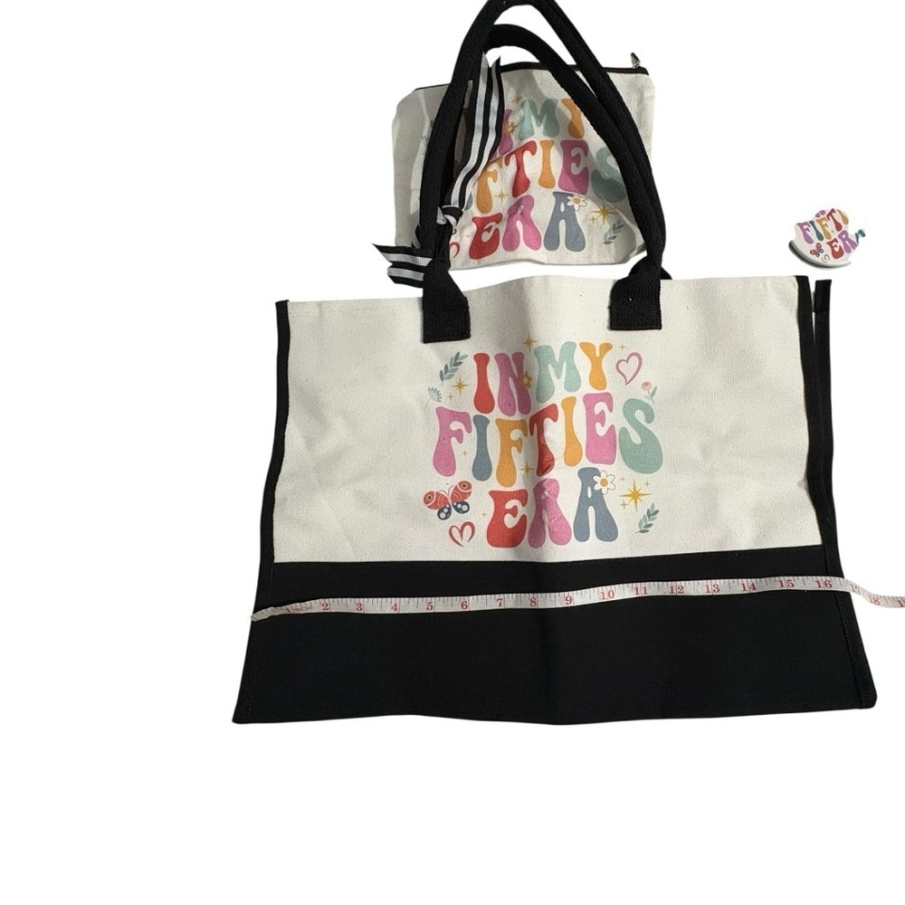 Colorful 'In My Fifties Era' Tote Bag. Small pocket purse & pocket mirror. New.